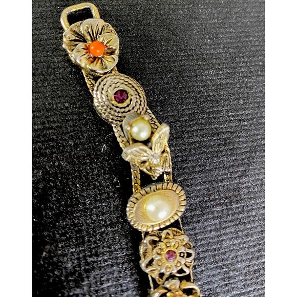 Vintage Victorian Revival Slide Charm Bracelet Flower Cameo Bee Glass 7” - Picture 8 of 10